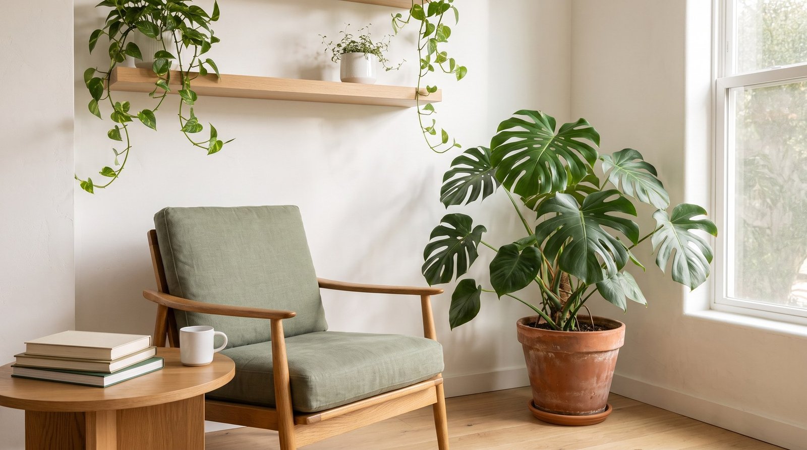 A sunlit plant corner with a monstera in a terracotta pot, trailing pothos on an oak shelf and a sage-green armchair