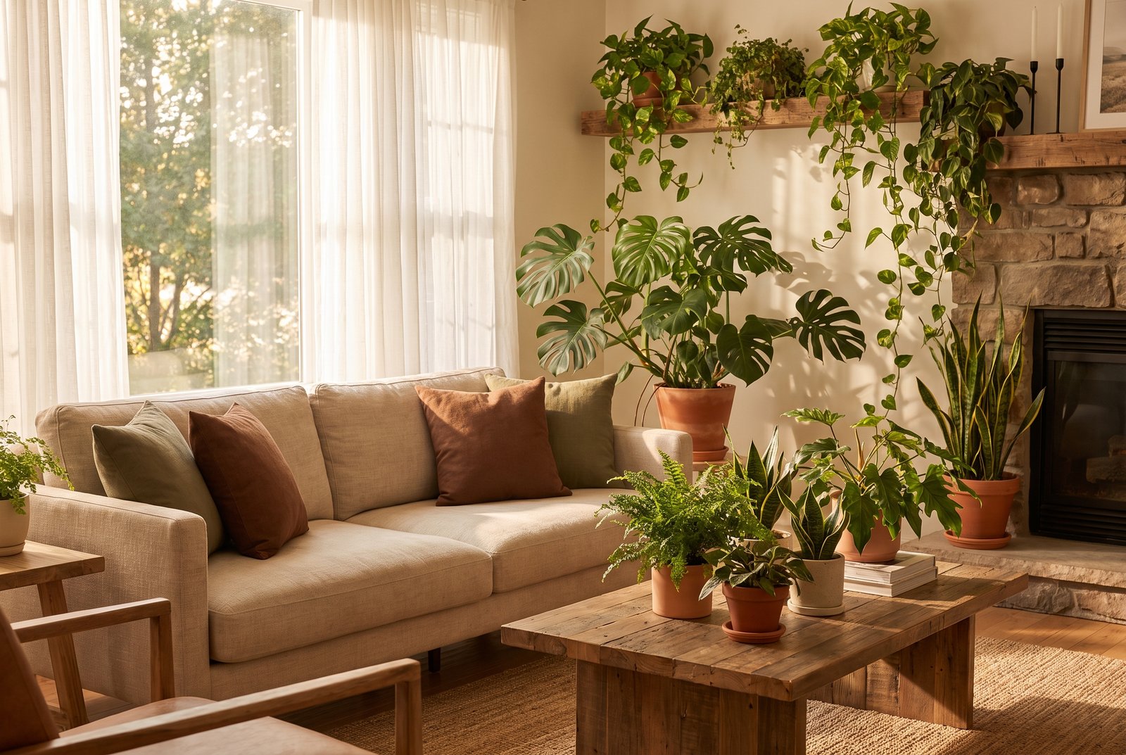 Lush plant-filled living room sanctuary